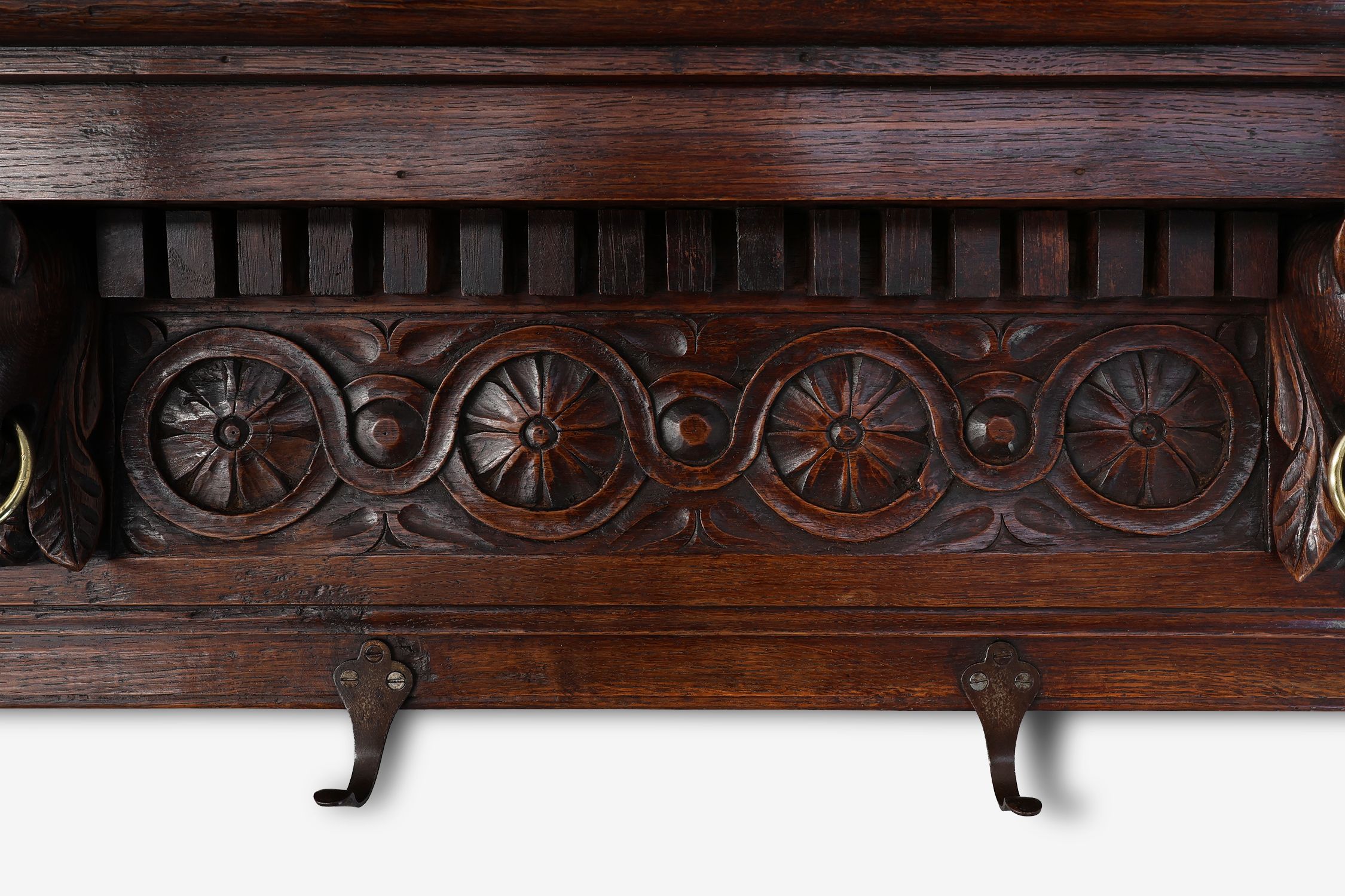 Large 18th Century Gothic solid oak hand carved coat rack, France thumbnail